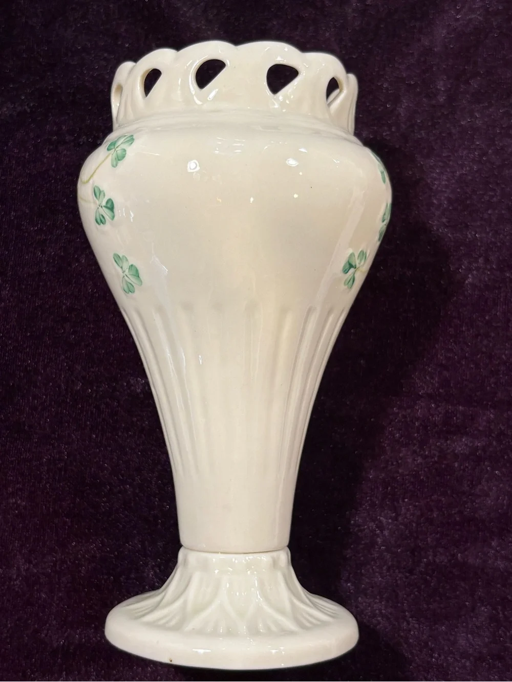 Beleek Ireland Vintage Hand-Painted Cream Green Shamrock Vase.